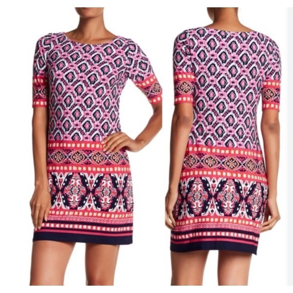 Eliza J Geometric Jersey Shift Dress 3/4 Sleeves Pink Women’s 4 EUC